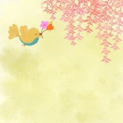 A yellow little bird holding a pink flower and a yellow heart-shaped object in its beak,  against a light yellow background.