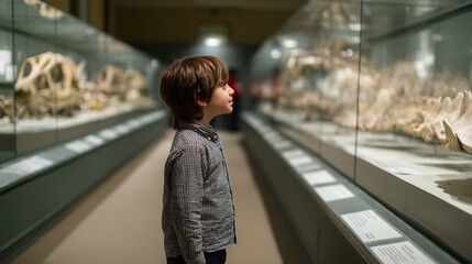 Fototapeta premium Child standing in a paleontological museum.