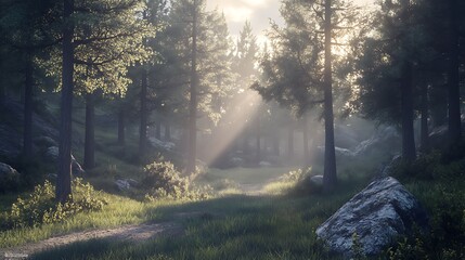 Obraz premium Whispers of the Forest: A captivating image showcasing a sun-drenched forest, with sunbeams filtering through the canopy, creating an enchanting atmosphere.