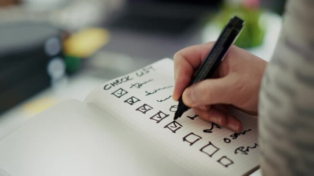 ticking off checklist completing tasks handwritten note notebook
