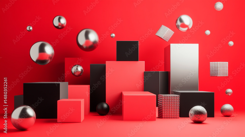 Poster abstract background with geometric shapes and cubes on a red background, scene for product presentat