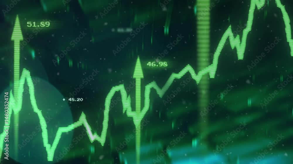 Poster flat design chart showing fluctuating green line graph with upward arrows and numeric labels