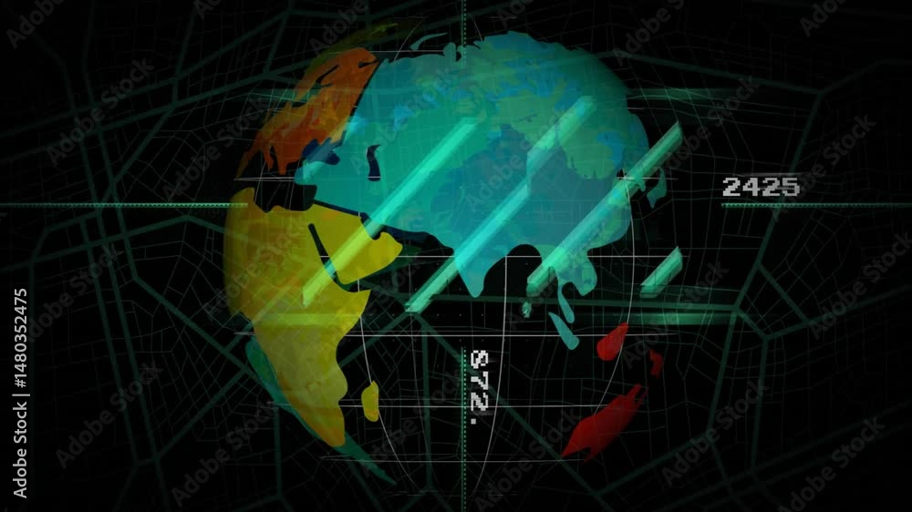 Poster digital globe floating in holographic display, showing continents with gridlines and neon bars