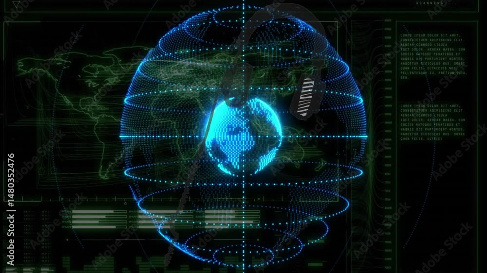 Poster holographic globe rotating at center, projecting neon wireframe map, displaying streaming data bars