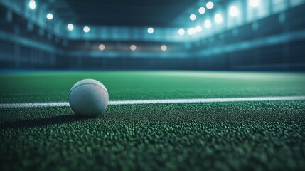 Close-up of a white ball on a green sports field under dramatic lighting.
