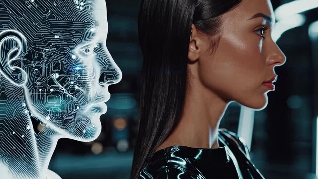 A woman in profile with sleek hair stands beside a digital humanoid figure. Futuristic setting with glowing lines. Technology and human interface theme.