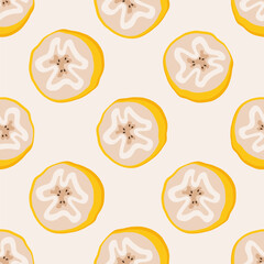 Banana slice pattern. Seamless bananas print, cartoon fruit with skin, organic tropical food abstract background for wrapping paper fabric textile design. Vector banana texture