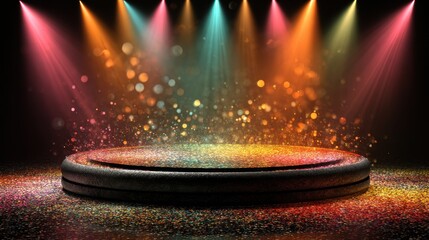 Glittering Stage Podium with Colorful Spotlights and Sparkling Dust