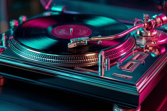 Tocadiscos con iluminaci&oacute;n ne&oacute;n azul y rosa. El tocadiscos est&aacute; en primer plano con un disco de vinilo encima.