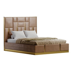 A bed with a brown headboard and a gold frame