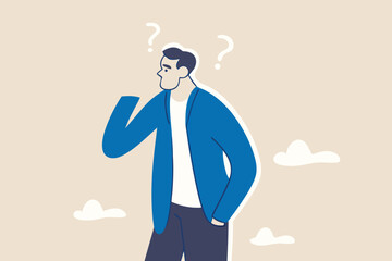 Skeptical, distrust or questioning about business deal, thinking to make decision, doubtful or confusion concept, businessman with suspicious gesture thinking about things with question mark signs.