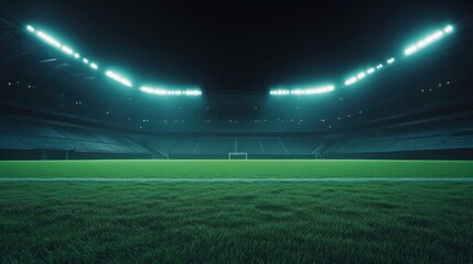A tranquil view of a darkened soccer stadium with illuminated seating and vibrant green grass.