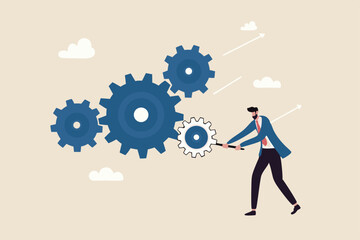 Business work flow, leadership to drive team and initiate productivity and efficiency working process concept, smart businessman manager use all his power and skill to rotate group of cogwheels gear.