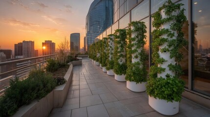 Obraz premium 36. Urban rooftop garden with vertical hydroponic towers connected to a smart irrigation system, city skyline backdrop, sunset lighting, architectural photography
