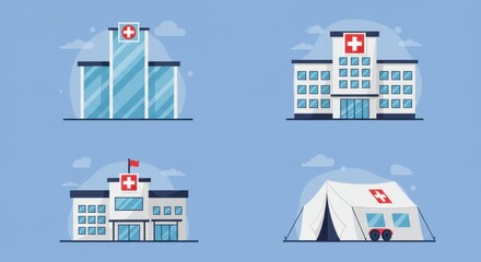 Obraz premium Diverse Hospital Buildings and Field Hospital Illustration