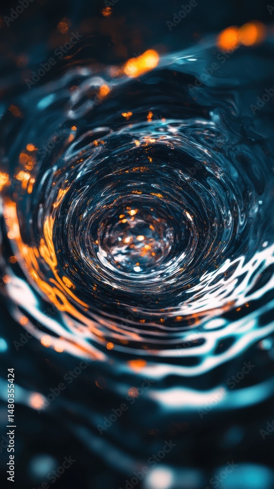 Poster a mesmerizing swirl of water featuring deep blues and glowing orange highlights, creating a captivat