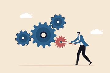 Business work flow, leadership to drive team and initiate productivity and efficiency working process concept, smart businessman manager use all his power and skill to rotate group of cogwheels gear.