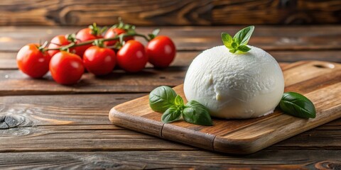 Fresh Italian mozzarella cheese ball on wooden table , cheese plate, food