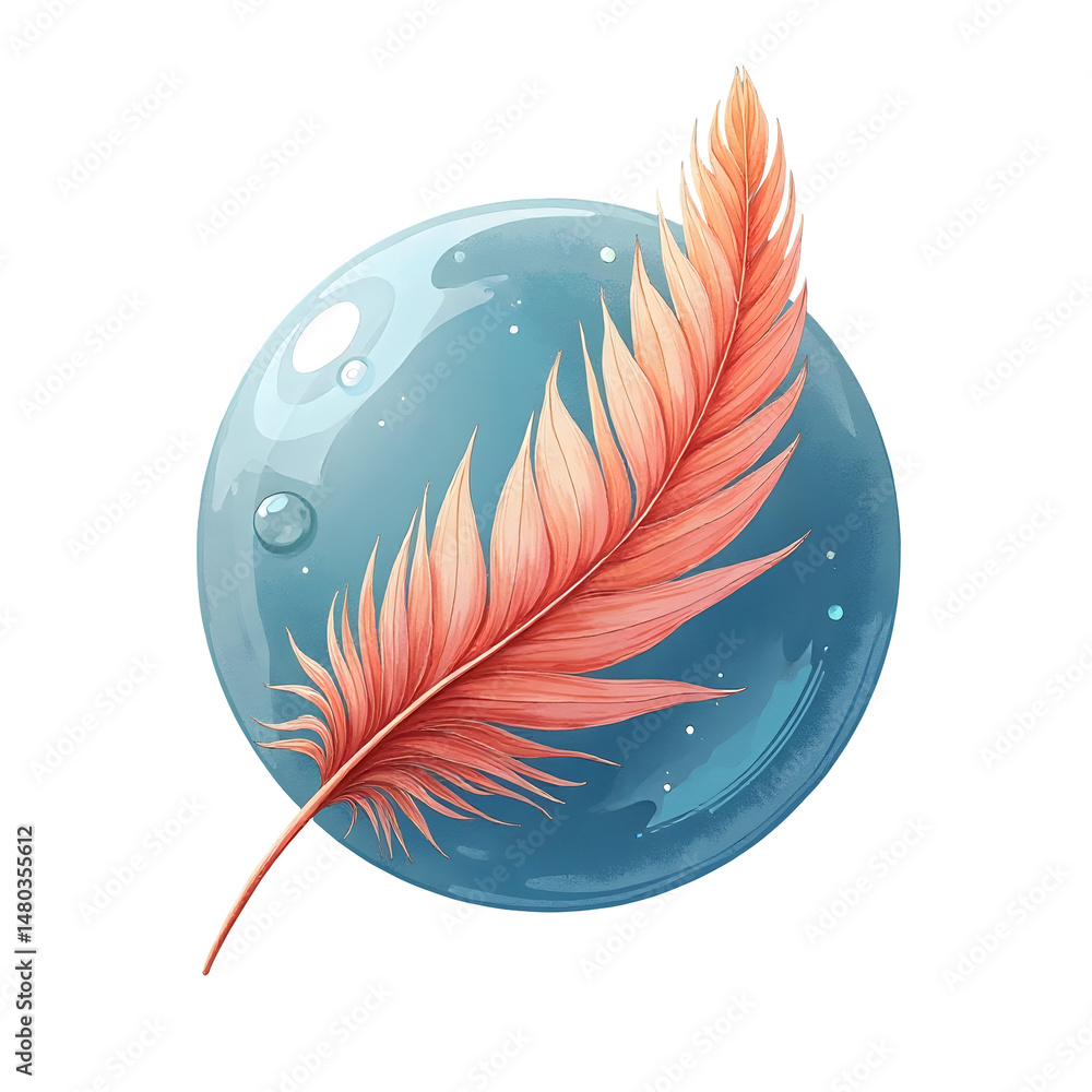 Poster delicate feather rests inside translucent orb, creating serene and whimsical scene. cut out