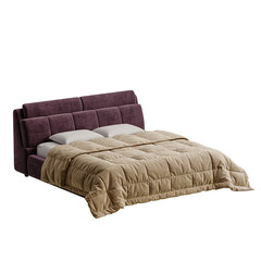 A bed with a purple headboard and a tan comforter