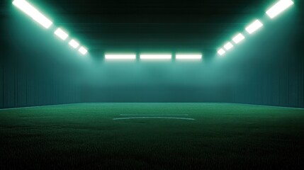 A mysterious indoor soccer field illuminated by neon lights, showcasing a vibrant green turf.