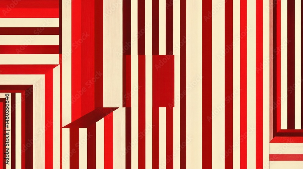 Poster dynamic interplay of red and cream vertical stripes with geometric shadowing