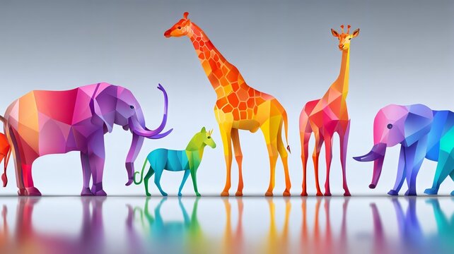 Cinco elefantes de colores brillantes est&aacute;n de pie uno al lado del otro.