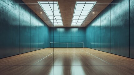 Fototapeta premium Modern indoor squash court with vibrant teal walls and natural light.