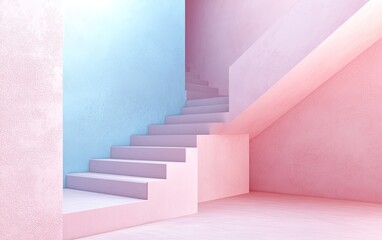Pastel pink and blue staircase in minimalist interior