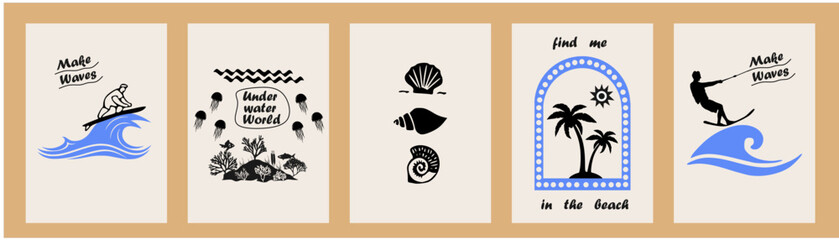 Abstract summer poster or card set in art doodle style with hand drawn surfer on the wave, underwater world, sun, palms, surfboard, sea, seashells. Trendy summer design for branding, ads, print, decor