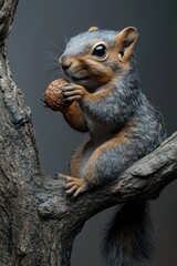 Adorable gray squirrel perched on a tree branch, munching on an acorn in soft, natural light.