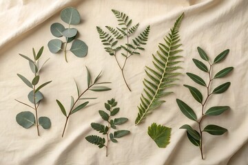 Realistic flat lay of different leaves (eucalyptus, fern, olive) arranged on beige linen fabric, soft morning light, harmonious natural tones, minimal styling.