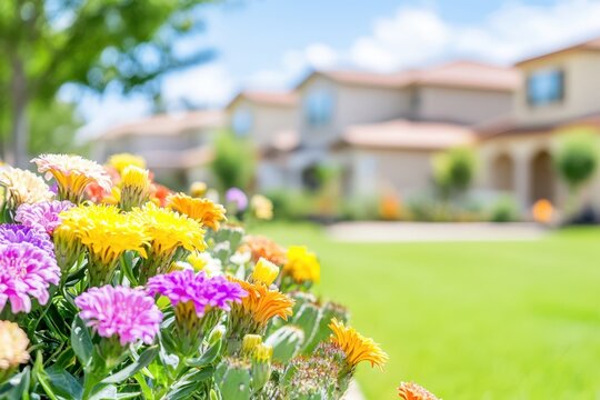 Suburban Spring Blooms: Vibrant, colorful flowers in full bloom in the foreground, with a background of upscale suburban homes on a sunny day.
