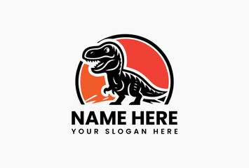 Black dinosaur silhouette against a stylized orange sunset