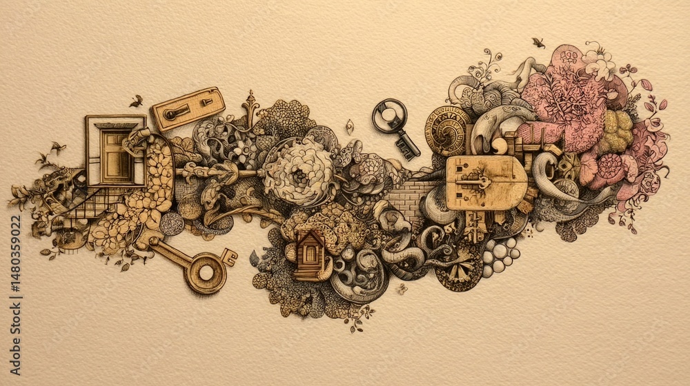 Poster symbolic object studies an arrangement of meticulously detailed illustrations of everyday objects su