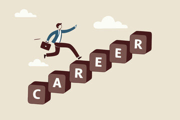 Career development, personal development or job promotion, work experience and responsibility growth concept, smart confident businessman running fast on career stairway rising up to achieve success.