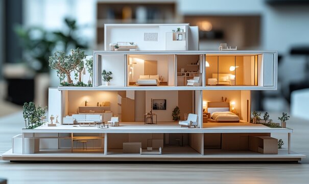 A detailed interior design model showcasing the layout of a contemporary house. Highlighting architecture, furniture and interior décor, this image offers a glimpse into the beauty of spatial design.