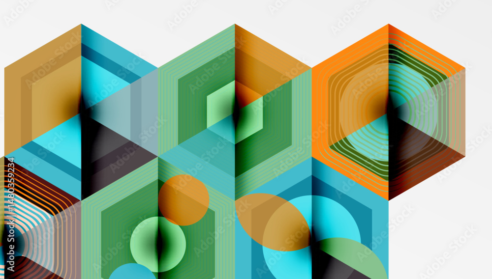 Poster abstract geometric composition. hexagons, lines create optical illusion. warm, cool colors blend, fo