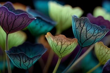 Flores fantásticas con pétalos multicolor y textura de cristal bajo fondo oscuro.