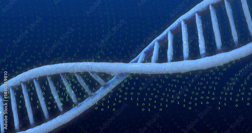 Poster stylized dna helix twisting diagonally across frame, streaming green binary digits in 3d render