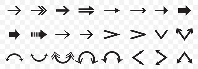 Set black arrows for web design. Arrows vector icon. Arrow icon. Set of big black vector arrows. Cursor, Click. Arrow icon pack on Transparent Background. EPS 10.