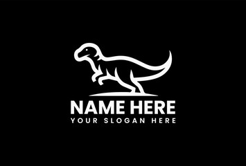 Playful black silhouette of a stylized dinosaur with sharp teeth and dynamic curved lines surrounding it on a white background. Children's illustration concept