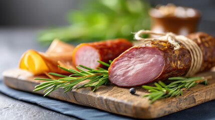 Sliced meat assortment with herbs on wooden board, delicious food