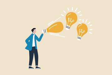 Creativity to create new business idea or solution for work problem, entrepreneurship to think about business concept, smart businessman blowing soap bubble into innovation bright light bulb ideas.