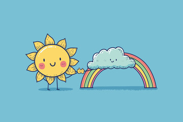 Cute cartoon sun and cloud with rainbow