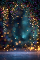 Magical Night Scene with Fairy Lights and Flowers Enchanting Bokeh Background