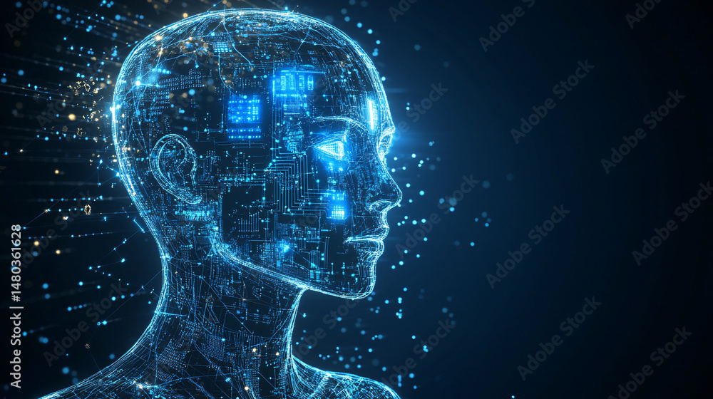 Poster digital humanoid with glowing circuitry and floating particles on a dark background