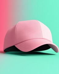 Fototapeta premium Pastel pink cap mockup in a vibrant 3D rende with a curved brim, presented against a soft, diffused gradient background created with Midjourney art style.