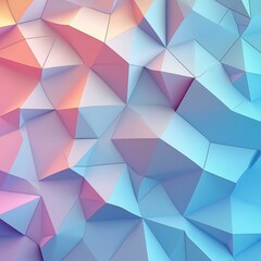 Fototapeta premium An abstract low poly design with triangular facets in soft pink, peach, and blue hues creates a modern and visually captivating geometrical surface texture.
