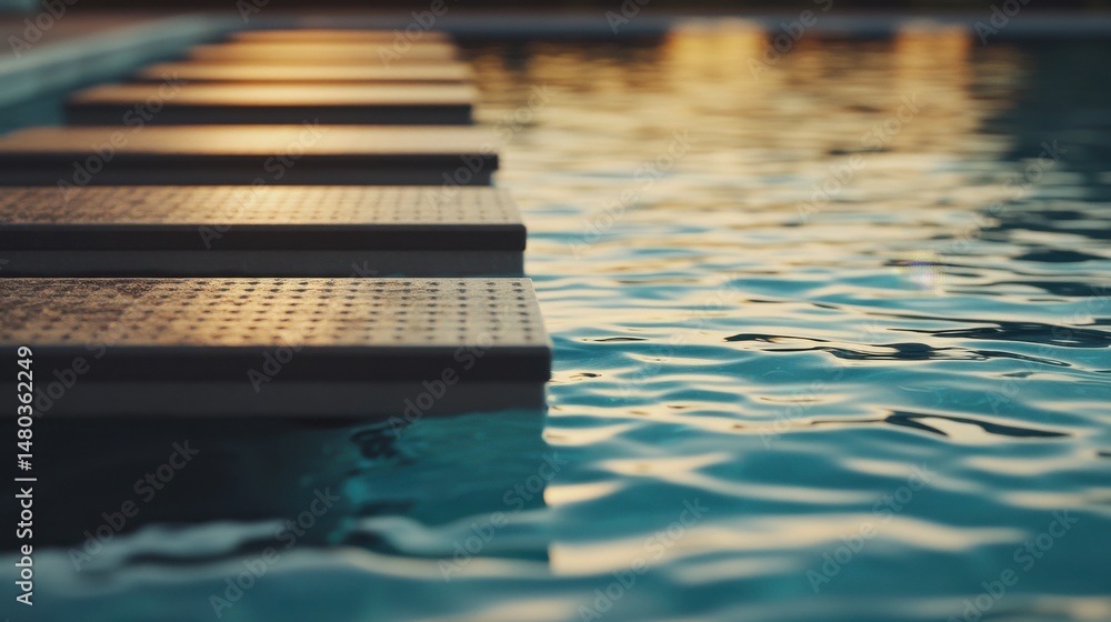 Poster calm evening reflections on water with poolside steps, creating a serene atmosphere.